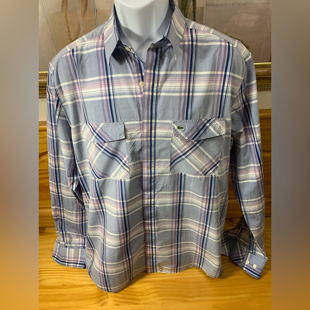 Mens LACOSTE Large 42 Long Sleeve Blue Plaid 100% Cotton Shirt w Button Cover